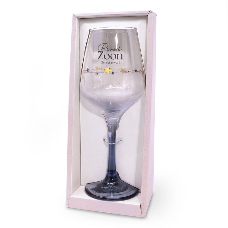 Wijnglas met de tekst Proost lieve Zoon