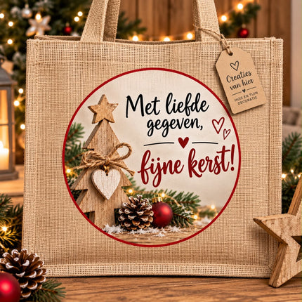 Cadeau Tas Jute met hengsels - Met liefde gegeven Fijne kerst