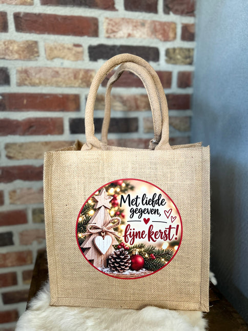 Cadeau Tas Jute met hengsels - Met liefde gegeven Fijne kerst