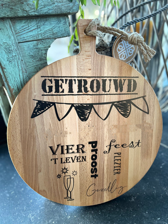 Serveerplank Rond ... getrouwd - te personaliseren