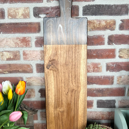 Serveerplank brocante 59 cm met 2 zwart witte schaaltjes