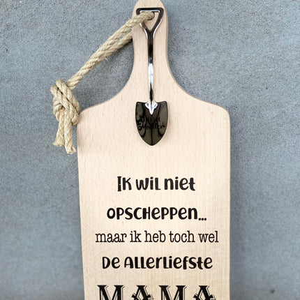 Serveerplankje met Lepeltje - Opscheppen Mama - 35 cm - Hout - Metaal