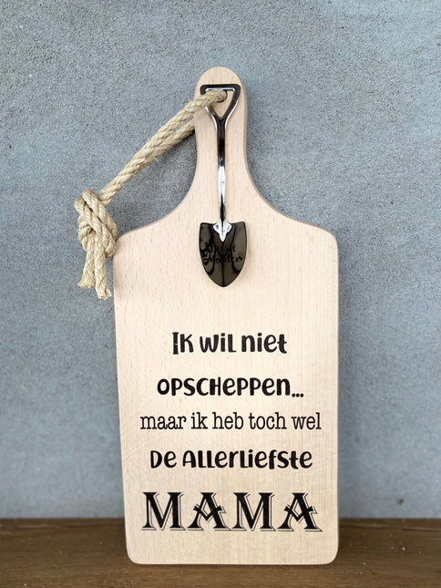 Serveerplankje met Lepeltje - Opscheppen Mama - 35 cm - Hout - Metaal