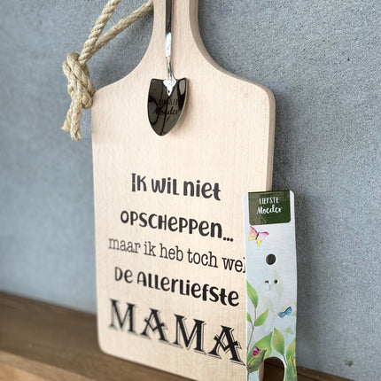 Serveerplankje met Lepeltje - Opscheppen Mama - 35 cm - Hout - Metaal