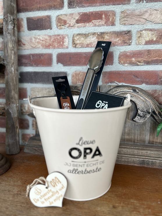 Cadeaupakket Zinken emmer Opa met houten hartje opener/tang/onderzetter/mok/sleutelhanger