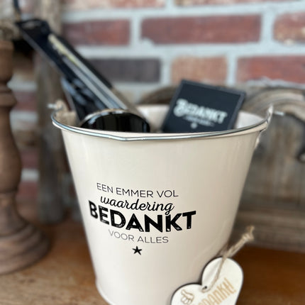 Cadeaupakket Zinken emmer Bedankt  opener/tang/onderzetter/mok/sleutelhanger