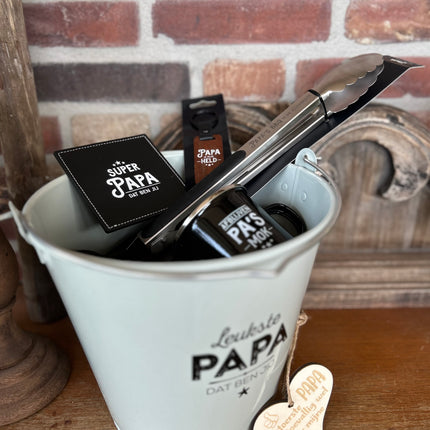 Cadeaupakket Zinken emmer Papa met  opener/tang/onderzetter/mok/sleutelhanger