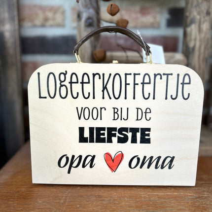 Houten koffertje met leren handvat - Logeerkoffertje opa en oma