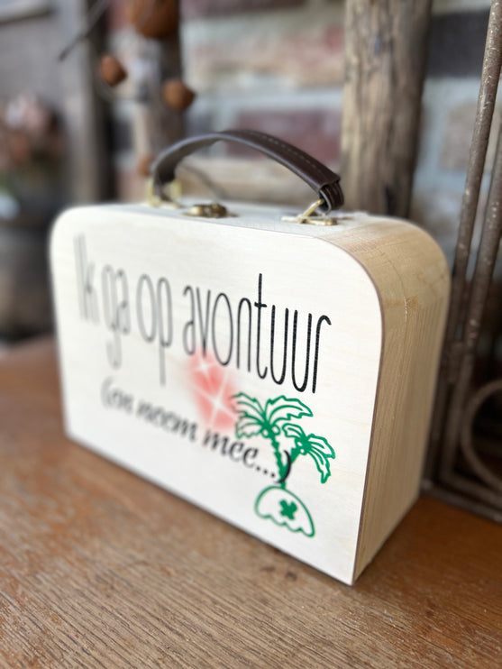 Houten koffertje met leren handvat - Avontuur