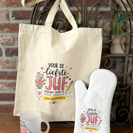 Cadeaupakket Juf - tas - ovenhandschoen - theeglas