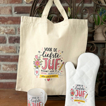 Cadeaupakket Juf - tas - ovenhandschoen - theeglas