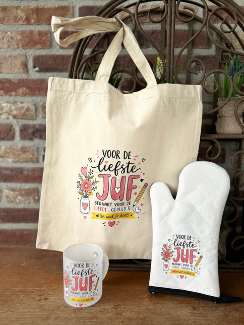Cadeaupakket Juf - tas - ovenhandschoen - theeglas