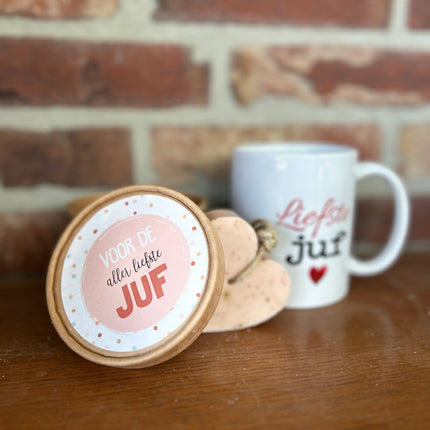Cadeaupakket juf inclusief theeglas bedankt  + zeep in doosje + houten hartje