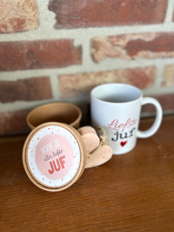 Cadeaupakket juf inclusief theeglas bedankt  + zeep in doosje + houten hartje