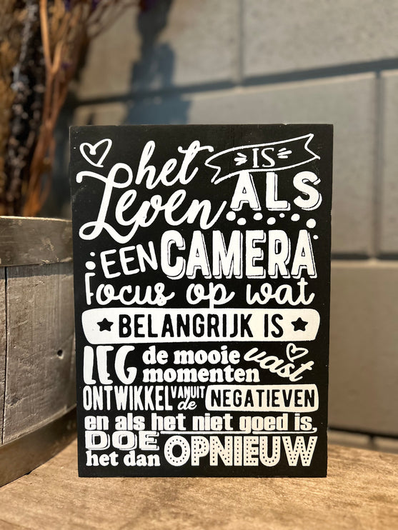 Tekstblok Het leven is als een camera Zwart Wit