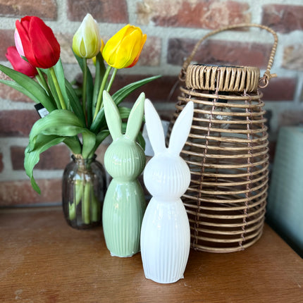 Cadeaupakket Zinken emmer Tuingeluk met solarlamp/2 porseleinen haasjes/vaasje met tulpen