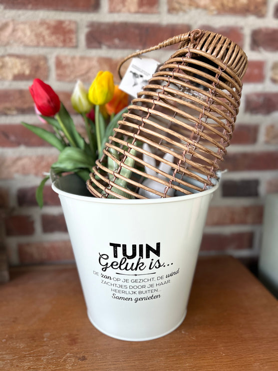 Cadeaupakket Zinken emmer Tuingeluk met solarlamp/2 porseleinen haasjes/vaasje met tulpen