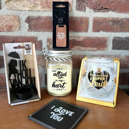 Cadeaupakket Zinken emmer I Love You met vanillekaars/sleutelhanger/wijnwaterglas/metalen waxinehouder/onderzetter