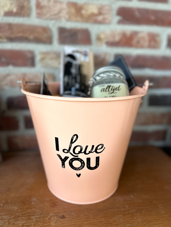 Cadeaupakket Zinken emmer I Love You met vanillekaars/sleutelhanger/wijnwaterglas/metalen waxinehouder/onderzetter