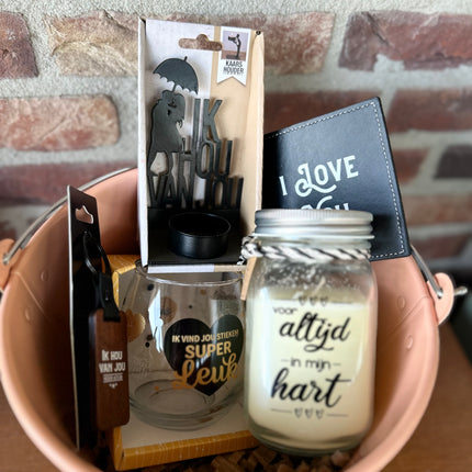 Cadeaupakket Zinken emmer I Love You met vanillekaars/sleutelhanger/wijnwaterglas/metalen waxinehouder/onderzetter