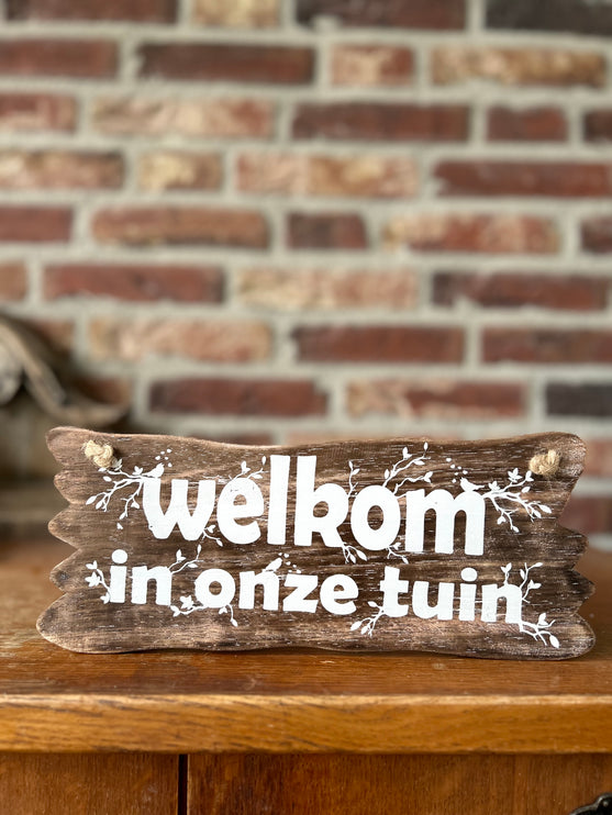 bordje hangend 12x30cm welkom tuin natural