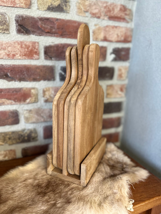 Set serveerplankjes brocante in houten standaard