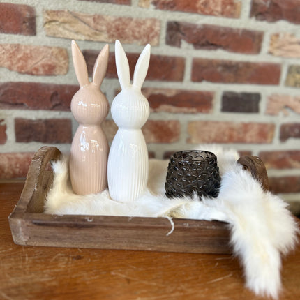 Cadeau pakket Dienblad met 2 haasjes - vacht - glazen waxinehouder