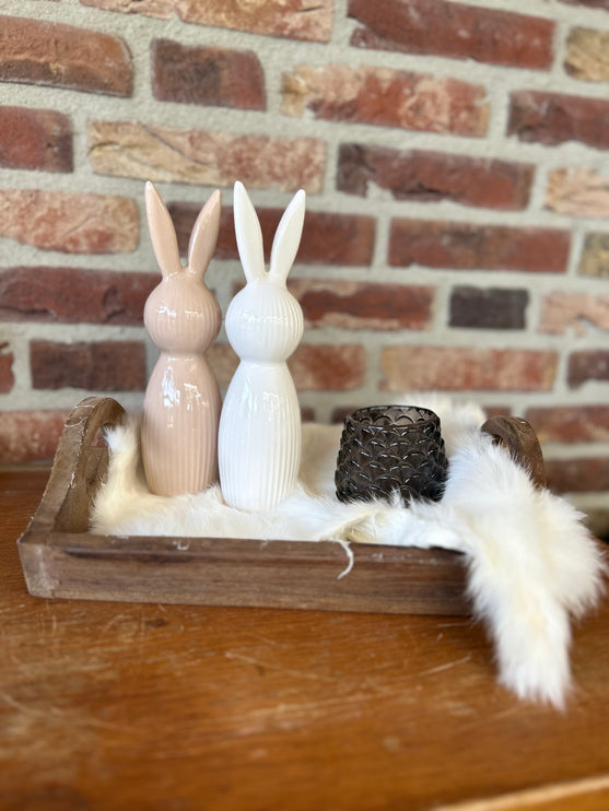 Cadeau pakket Dienblad met 2 haasjes - vacht - glazen waxinehouder