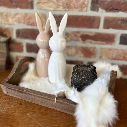 Cadeau pakket Dienblad met 2 haasjes - vacht - glazen waxinehouder