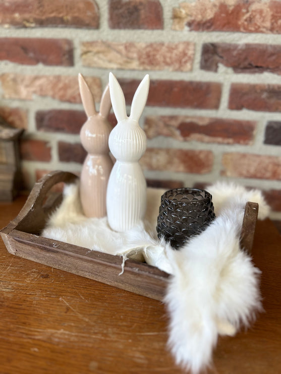 Cadeau pakket Dienblad met 2 haasjes - vacht - glazen waxinehouder