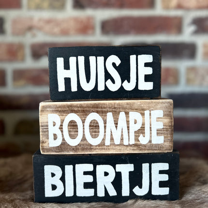 3 blokken 3x20cm huisje boompje biertje natural / black