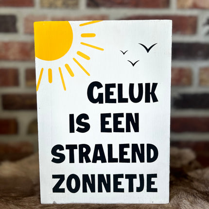 tekstblok 25x18cm geluk is een stralend zonnetje wit (zwart - geel)