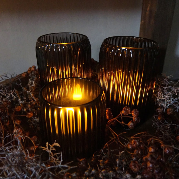 Glazen Waxinehouder Bruin Geribbeld