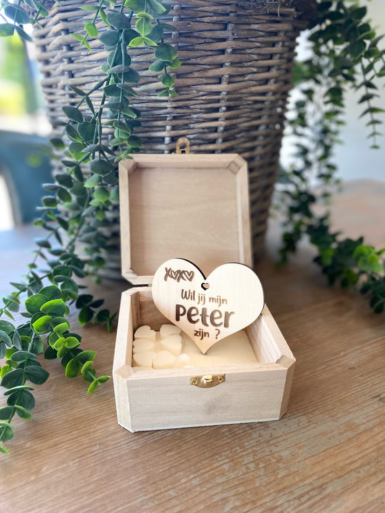 Kistje met hartje en zeepjes - Wil je mijn peter zijn?