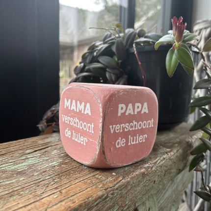 dobbelsteen 8x8cm mama papa verschoont luier baby roze