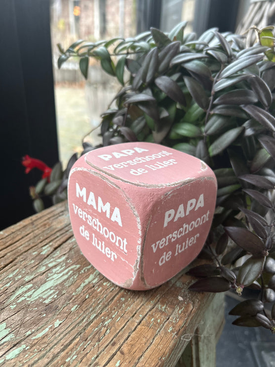 dobbelsteen 8x8cm mama papa verschoont luier baby roze