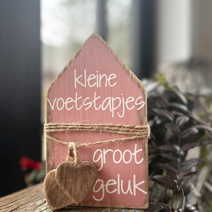 huisje touw hart 20x12.5cm kleine voetstapjes baby roze