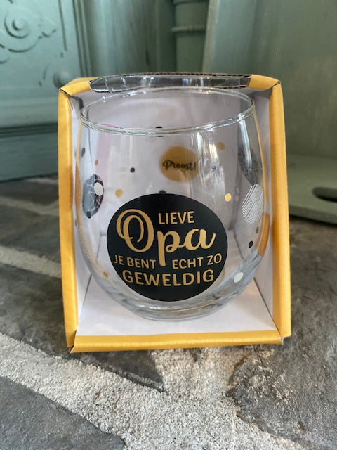 Wijn-waterglas met tekst LIEVE OPA JE BENT ECHT ZO GEWELDIG