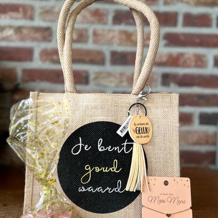 Cadeau Tas  L Je bent goud waard-Jij verdient alle geluk van de wereld-Mooi mens