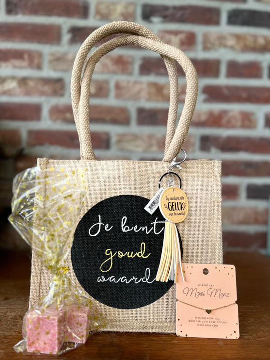Cadeau Tas  L Je bent goud waard-Jij verdient alle geluk van de wereld-Mooi mens