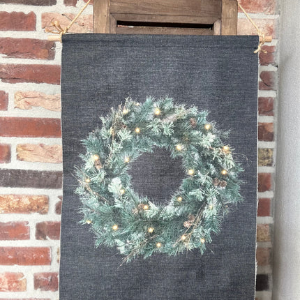 Linnen wanddoek met kerstkrans en led verlichting
