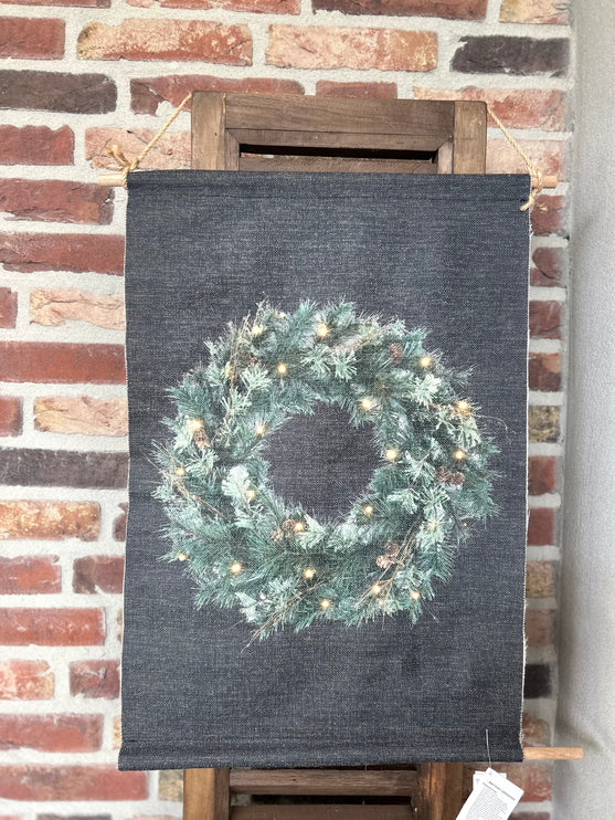 Linnen wanddoek met kerstkrans en led verlichting