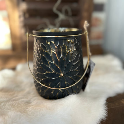 Zwart met goud glazen windlicht L