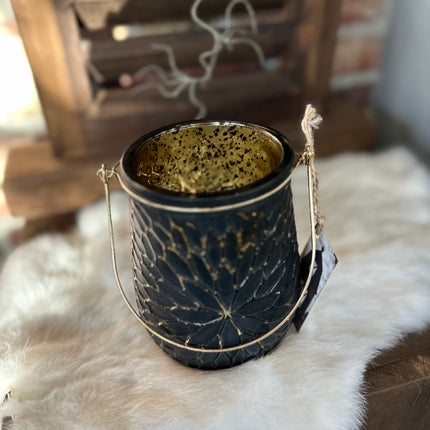 Zwart met goud glazen windlicht L