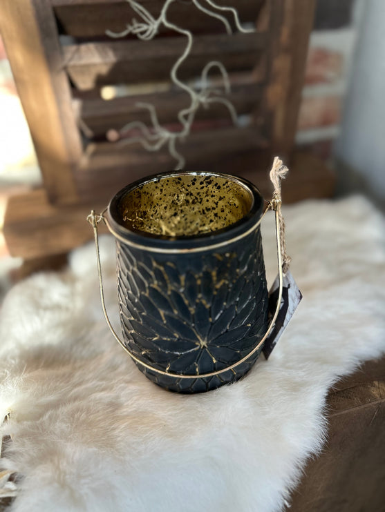 Zwart met goud glazen windlicht L