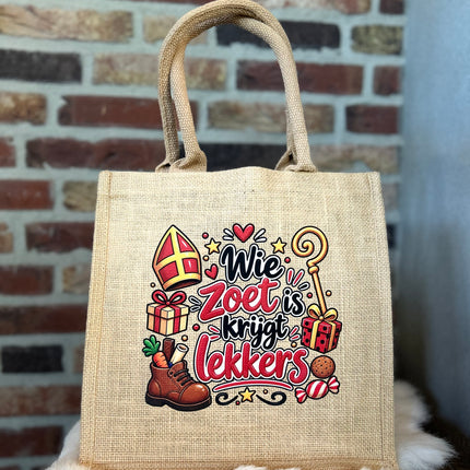 Cadeau Tas Jute met Hengsels - Wie zoet is krijgt lekkers