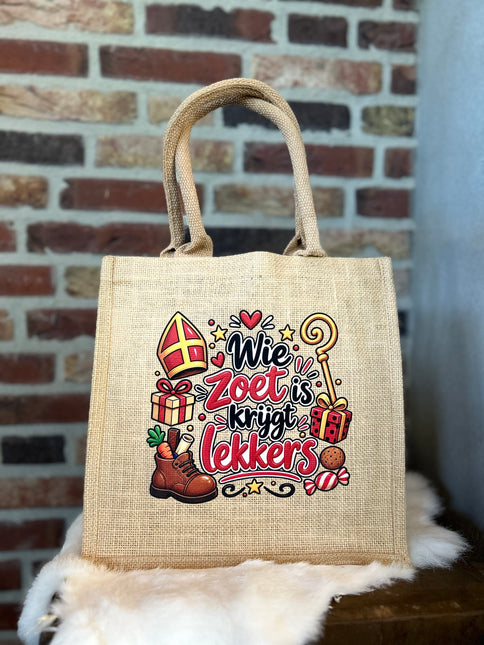 Cadeau Tas Jute met Hengsels - Wie zoet is krijgt lekkers