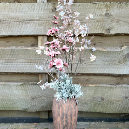 Vaas Geribbeld rood/bruin compleet met bloemen
