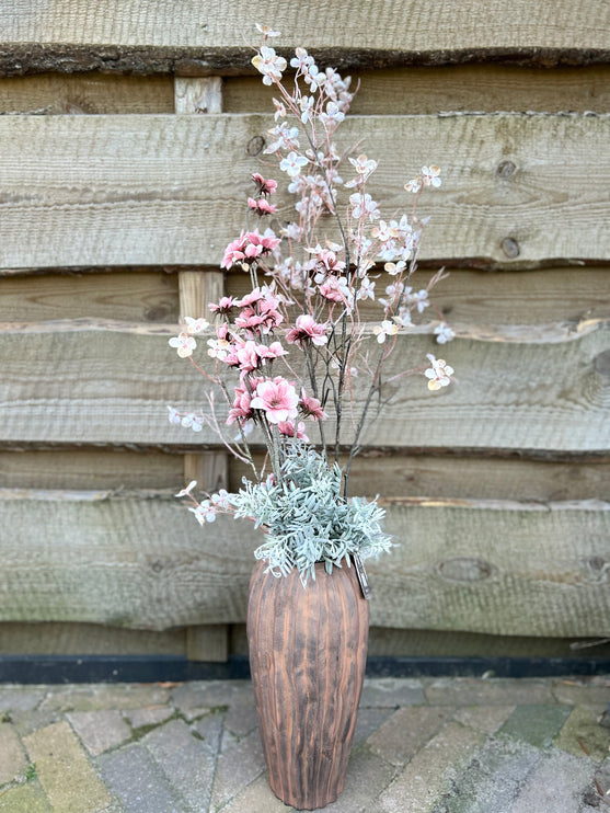 Vaas Geribbeld rood/bruin compleet met bloemen