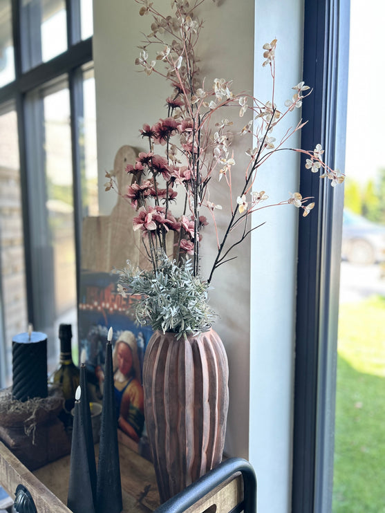 Vaas Geribbeld rood/bruin compleet met bloemen
